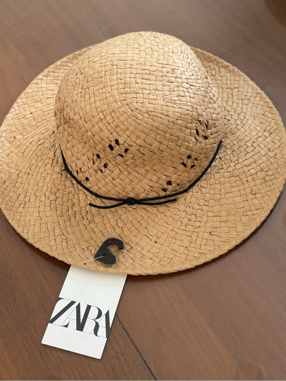 ZARA Natural Tan Straw Sun Hat with Black Tie
